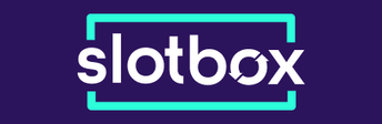 Slotbox logo and offer with slot machine symbols falling.